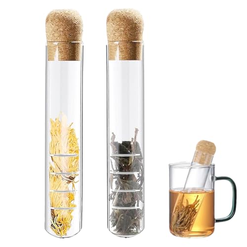 KEQAR 2 Pezzi Infusore per Tè in Vetro con Filtro Riutilizzabile e Tappo in Sughero per Tisane e Tè Sfuso