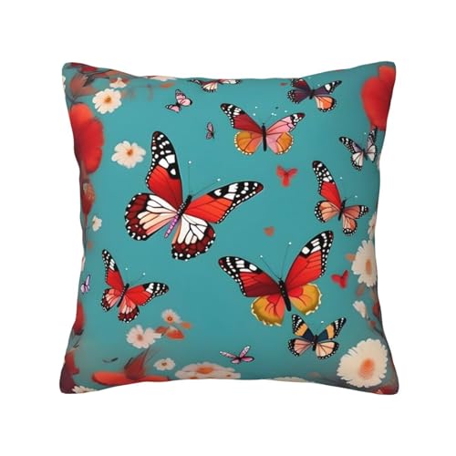 MCXWD Funda de cojín cuadrada de tela con estampado de mariposas voladoras entre flores para las cuatro estaciones del año
