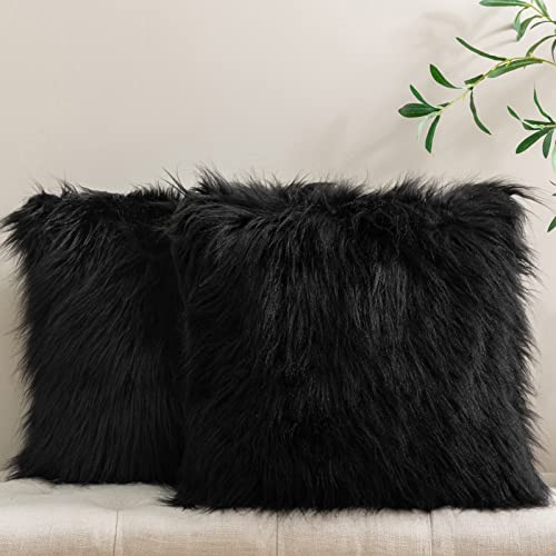 Image of Phantoscope Pack of 2 Luxury Series Throw Pillow Covers Faux Fur Mongolian Style Plush Cushion Case for Couch Bed and Chair, Black 26 x 26 inches 65 x 65 cm