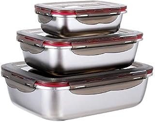 3 Pieces Stainless Steel Food Container with Lids Leak-Proof Meal Prep Food Containers Metal Food Storage Container Set for Freezer Fridge Oven Dishwasher Safe, 600ml/ 1500ml/ 2900ml