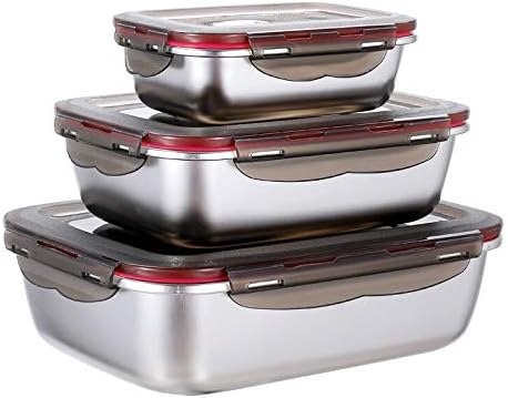 3 Pieces Stainless Steel Food Container with Lids Leak-Proof Meal Prep Food Containers Metal Food Storage Container Set for Freezer Fridge Oven Dishwasher Safe, 600ml/ 1500ml/ 2900ml
