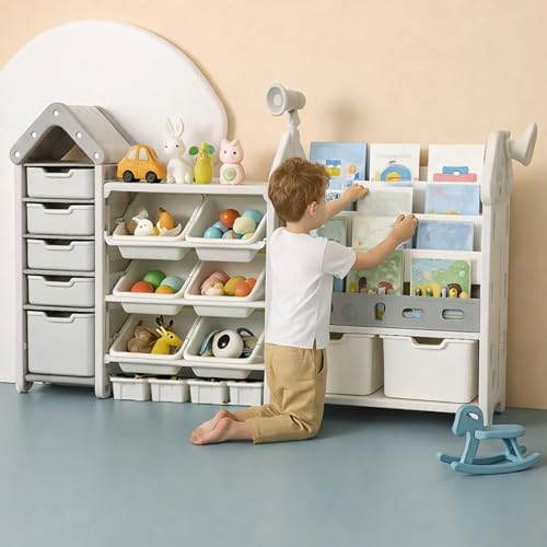 Image of 3in1 Kids Toy Organizer with Bookshelf for Home Storage Rack for Toddler Playroom Organizer Montessori Book Shelf for Kids Room Toys Organiser for Space Saving Storage Bins for Children