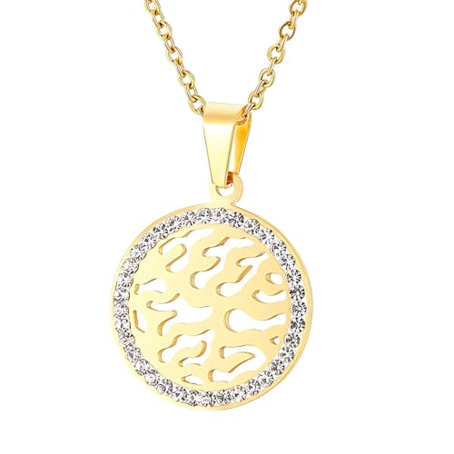 Image of BOSREROY Charm with Yellow Gold Plating, Stainless Steel Chain, Rhinestone Inlay, Circular Medallion for Women, Girls, Jewellery Item