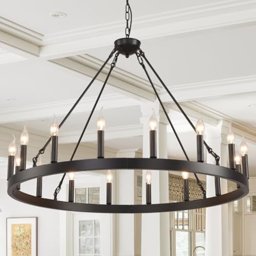 VIZBMYR Black Wagon Wheel Chandelier Farmhouse,Round Rustic Wagon Wheel Light Fixture for Dining Room,16-Light 40' Large Industrial Wagon Wheel Light for Living Room Foyer(Black 40 Inch 16-Lights)