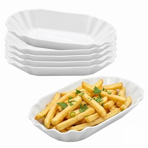 Spetebo Pommesschale in weiß aus Porzellan wiederverwendbar - 6er Set - Keramik Currywurstschale spülmaschinenfest - Beilagen Pommes Frites Schälchen Wurst Snack Schale