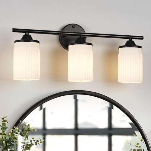Image of Jonsi Black Bathroom Light Fixtures 3-Light Vanity Lights Modern Wall Sconce with Milk White Shade Bathroom Light Fixture Over Mirror for Bedroom Hallway Kitchen