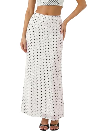 BLENCOT High Waisted Polka Dot Maxi Skirts for Women White Small