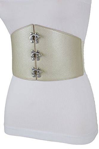 TrendyFashionJewelry Women Wide Corset Hooks Belt Hip Waist Elastic Plus L XL XXL Metallic Beige Champagne Color4