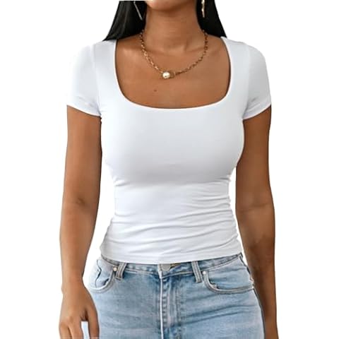 Dwnval Womens Summer Sexy Short Sleeve Square Neck Double Lined Basic Slim Fit Crop T Shirt(White, M) Cover
