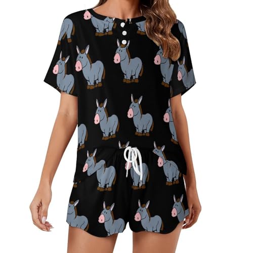 Image of Cute Donkey Pattern(1) Short Sleeve Pajama Set for Women 2 Piece Lounge Sets Soft Round Neck Top And Shorts Sleepwear XL
