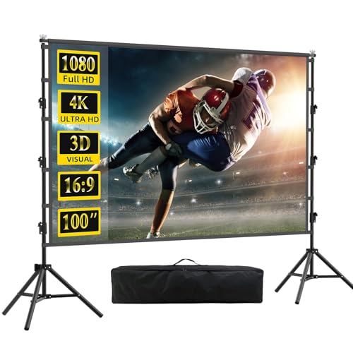 Image of 120 inch Projector Screen with Stand,HUANYINGBJB Indoor Projection Screen, Portable 16:9 4K HD Rear Front Movie Screen with Carry Bag for Theater Backyard Movie Night,Cinema School, Churches