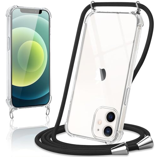Coiwxmoi Handyband Handyhülle für iPhone 12 Mini Hülle mit Band 5,4",Transparent Case mit Kette Abnehmbar zum Umhängen K...