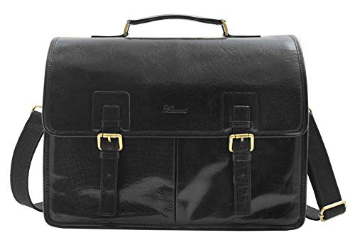 Mens Italian Leather Black Briefcase Expandable Office Bag Messenger Laptop Case Thomas