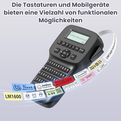 EazeID Bluetooth Etikettendrucker Handgerät – Tragbares Industrielles Beschriftungsgerät mit QWERTZ-Tastatur & 203 DPI Präzision, Industrietauglich für Büro, Haushalt und Werkstatt, LM1600