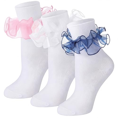 Image of Geyoga 3 Pairs Women Big Ruffle Socks Turn Cuff, Double Lace Ankle Cotton Frilly Socks for Ladies Summer