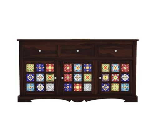Image of Solid Sheesham Wood Cabinet Sideboard Wooden Chest of Drawer with 3 Drawers and 3-Door Storage for Living Room (Joe)