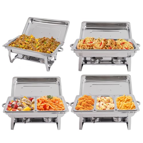 Qmeeki GYLYYJ-16 4 Pack 8Qt Chafing Dish Buffet Set With 2 Full Size, 2 Half Size, 3 1/3 Size Food Pans, Stainless Steel Buffet Chafers Catering Food Warmers cover