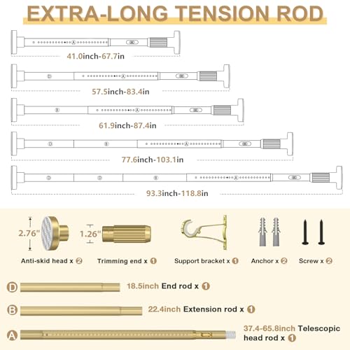 Image of Gold Tension Curtain Rod 41-118In(4-9Ft), Outdoor Curtain Rod No Drilling for Window or Patio, Heavy Duty Shower Rod for Bathroom,Rod Diameter 1.26In-One-bond stretching