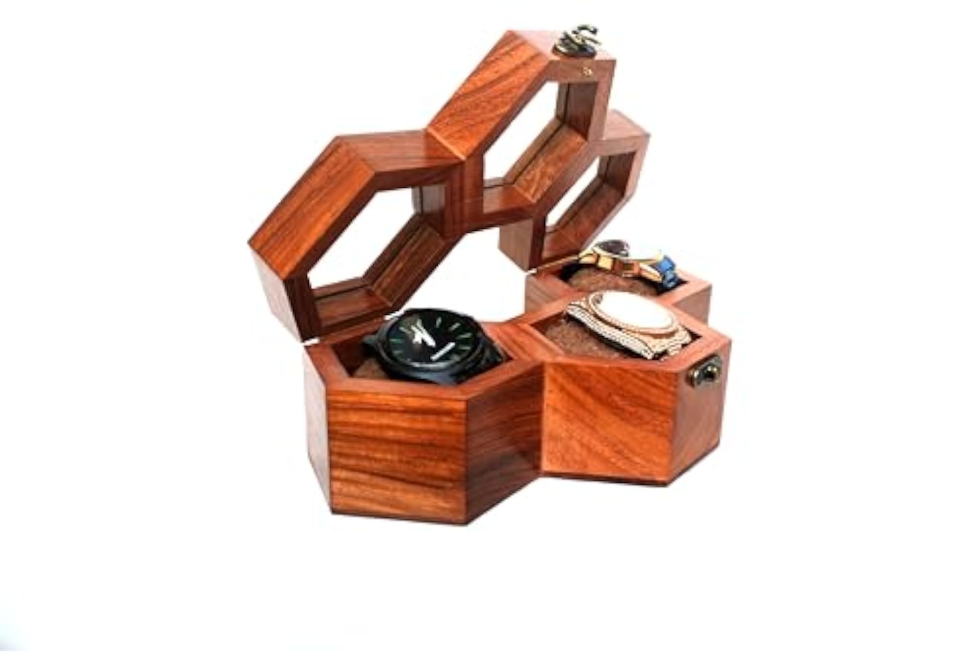 Hexagonal Wooden Watch Display Box, 3-Slot Storage Case