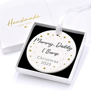 Bump's First Christmas 2022 Ceramic Christmas Ornament, Personalised Mummy Daddy and Bump Christmas Bauble, Bumps 1st Xmas Decoration, With Gift Box