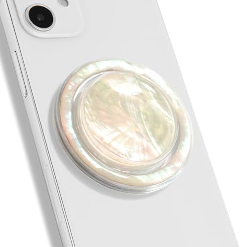 Gzwosux Magnetic Collapsible Phone Grip Stand Holder Cute Natural Seashell Design for Mag-safe Mother of Pearl Round Shape for Smartphone and Tablet Accessories (Creme)
