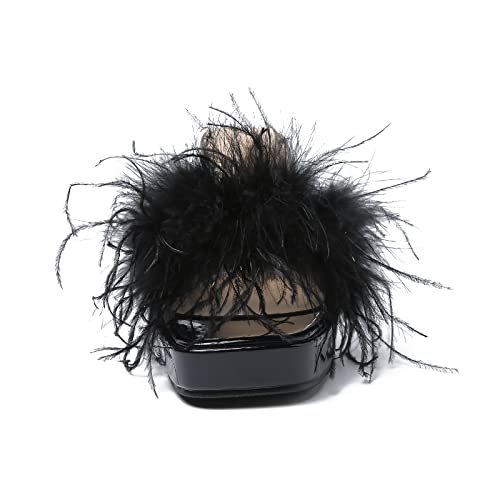 LIURUIJIA Women's Square Toe Platform Chunky Heel Slip on Sandals Feather Fuzzy Heels Mules Wedding Bridal Party Dress Shoes4