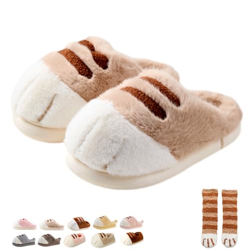 Cat Paw Slippers for Women, Cute 3D Furry Indoor Outdoor House Slippers, Warm Cozy Winter Cat Paw Shoes, Anti-Slip EVA Sole
