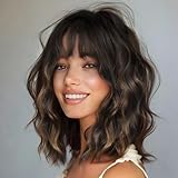 Nnzes Wig with Bangs for Women Shoulder Length Bob Wavy Women's Charming Synthetic Dark Brown mixed blonde highlight Wigs with Natural Curly Heat Resistant Hair for Daily Party Use