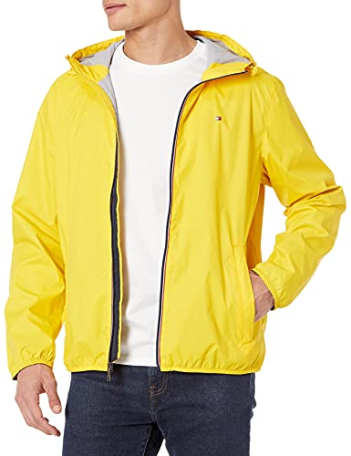 Tommy Hilfiger Men's Lightweight Active Water Resistant Hooded Rain Jacket, Eureka Yellow, Medium