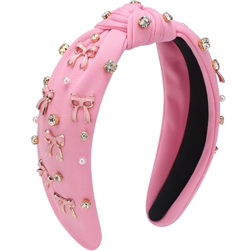 WantGor Pearl Knotted Headband, Women Rhinestone Embellished Hairband