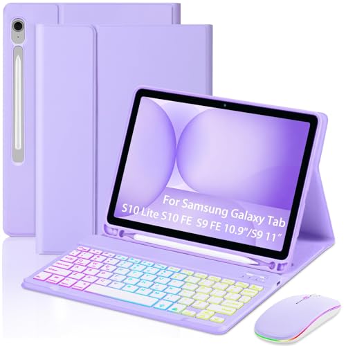 Image of EAMPANG Case with Keyboard Mouse for Samsung Galaxy Tab S10 Lite /S10 FE 5G /S9 FE 10.9 Inch /S9 11 Inch,7 Color Rainbow Backlit Detachable USB-C Keypad Magnetic Cover with Pencil Holder Purple