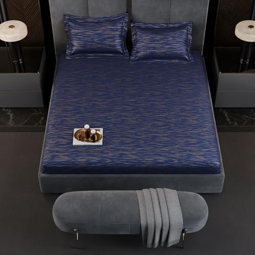 Image of Stoa Paris 350TC Luxture Cotton King Fitted Bedding Set with 2 Pillow Covers, All-Around Elastic Fitted Bedsheet 183cm x 198cm + 30cm Drop, All Season Comfort, Breathable, Panache 2.0 - Navy