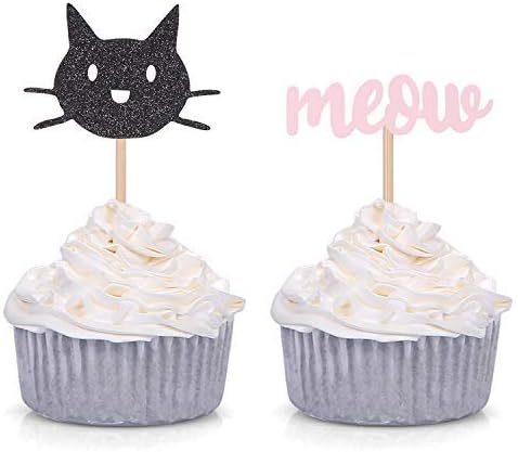 24 Counts Black Cat and Meow Cupcake Toppers Girl's Birthday/Cat Lover/Kitten Party Decorations