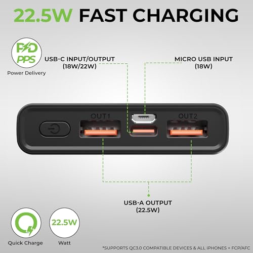 Image of UltraProlink 10000mAh Slim 22.5W QC-PD -PPS Power Bank|Juice-Up Pro |for iPhone 15 /14,iPad,Galaxy, Nothing & Pixel Phones|UM1119|Black