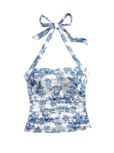 WDIRARA Women's Floral Print Halter Top Ruched Tie Backless Sleeveless Boho Crop Tops