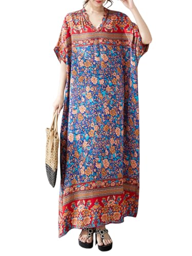 Image of Summer Floral Plus Size Dresses for Women V Neck Casual Loose Dress with Side Pockets