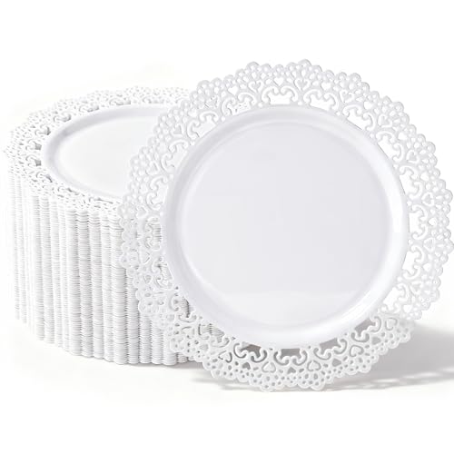 QualQuot 60PCS White Lace Plastic Plates, 10 Inch Disposable Dinner Plates Heavy Duty for Party, wedding and birthday, White QualQuot 60PCS White Lace Plastic Plates, 10 Inch Disposable Dinner Plates Heavy Duty for Party, wedding and birthday, White