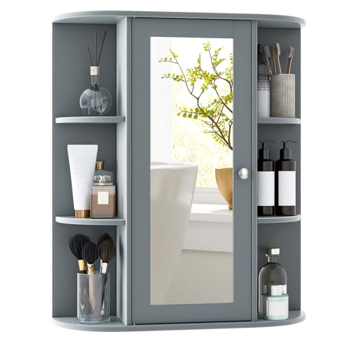 COSTWAY Bathroom Mirror Cabinet, Single Door Wall Mounted Storage Cupboard with Adjustable Shelves, Home Office Living Room Display Organiser Unit (Grey, 59 x 17 x 70cm)