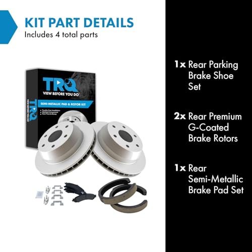 Image of TRQ Rear Brake Pad and Rotor Set Semi Metallic Coated Rotors Compatible with 2000-2006 Cadillac Escalade Chevrolet Avalanche 1500 Silverado 1500 Suburban Tahoe GMC Sierra 1500 Yukon XL 1500