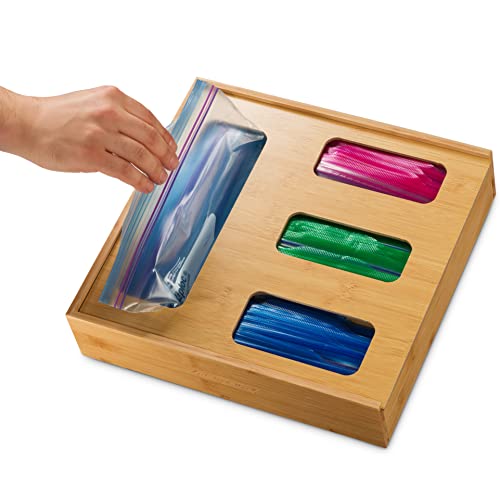 MELDEVO Bamboo Ziplock Bag Drawer Organizer Storage Box Baggie Holder for Kitchen Drawer or Wall Mount, Compatible with Gallon, Quart, Sandwich, And Snack Variety Size Bags, 1 Box 4 Slots - Thumbnail 4