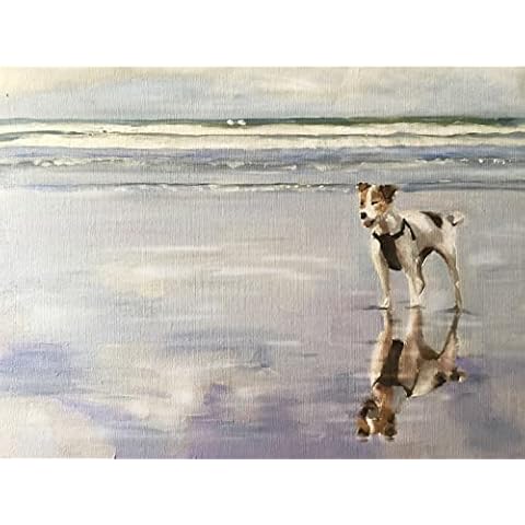 James Coates Jack Russel Greeting Card with Painting of Jack Russell Terrier on Beach A5 size Blank Inside, Multicolour Cover