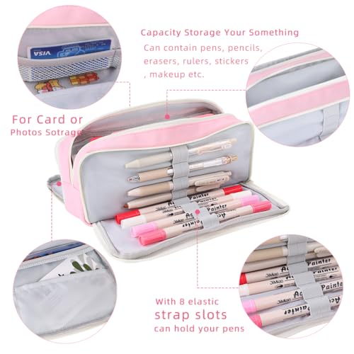 Image of iSuperb 3 Compartments Pencil Case Pouch Big Capacity Pencil Holder for Kids Teen Girls Boys Student School Supplies Oxford Stationery Storage Cosmetic Case (Pink)