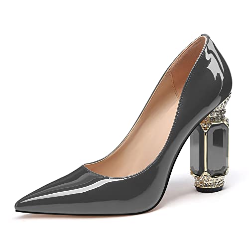 Image of JANSEVEN Women Chunky Heels Pumps Crystal Block Heels with Rhinestones Pointed Toe Sexy Gradient Patent Leather Slip on Bridal Party Wedding Dress Shoes 5-13 M US