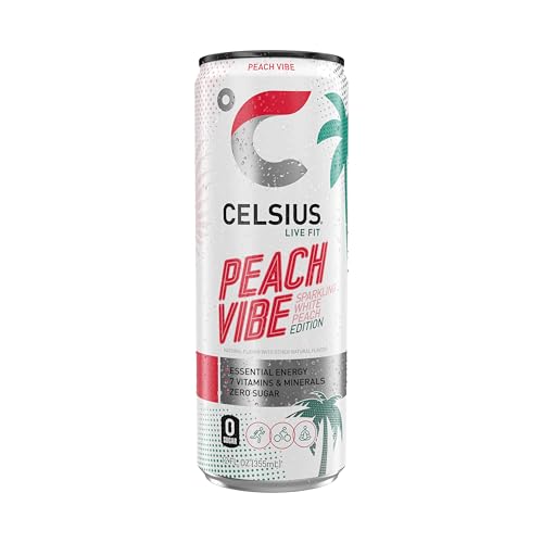 Image of CELSIUS Sparkling Peach Vibe, Functional Essential Energy Drink 12 Fl Oz (Pack of 4)