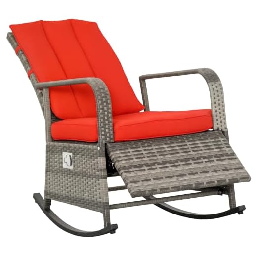 Outsunny Outdoor Rattan Wicker Rocking Chair Patio Recliner with Soft Cushion, Adjustable Footrest, Max. 135 Degree Backrest, Red