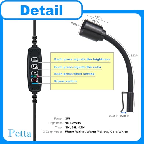 Image of Clip On Aquarium Light with Timer for 1-3 Gallon Fish Tank, Warm Natural Light for Blackwater & South American Style Tanks, USB Adjustable Brightness Nano LED for Betta & Shrimp, PA361-4