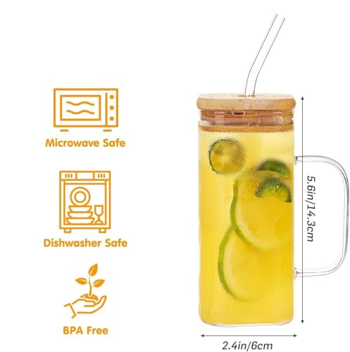 Image of Glass Tumbler with Colored Handle, 400ml Coffee Sipper with Wooden Lid and Glass Straw Iced Tea Mug Clear Drinking Cup for Juice, Milk, Smoothie, Beer Sipper with Straw