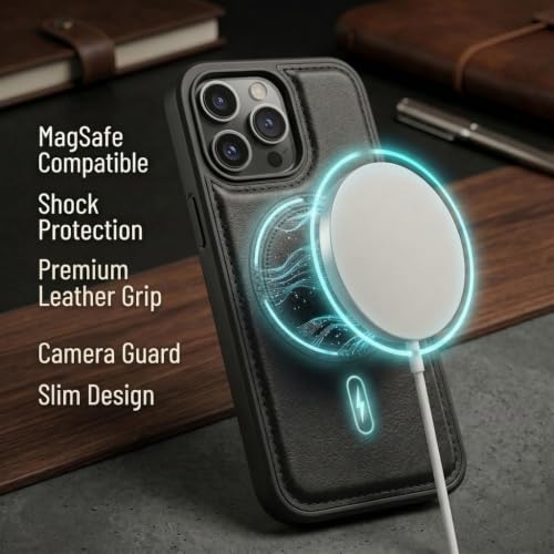 Image of amazon basics Premium PU Leather Case for iPhone 14 Pro, MagSafe Compatible Magnetic Ring, Sleek Protective Back Cover - [Black]