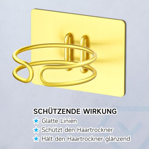 LOXSUN Föhn Halterung, Fönhalter Ohne Bohren, Edelstahl Föhnhalter Wand, Halterung für Fön Aufbewahrung Haartrocknerhalter, Fönhalterung Selbstklebend Föhnhalterungen für Bad (Gold) 3
