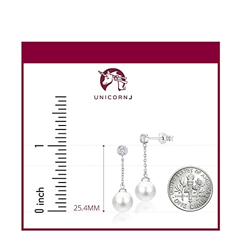 Unicornj 14K White Gold Freshwater Cultured Pearl Drop Dangle Earrings With Bezel Set Simulated Diamond Cz 7.5Mm Italy #TOP1